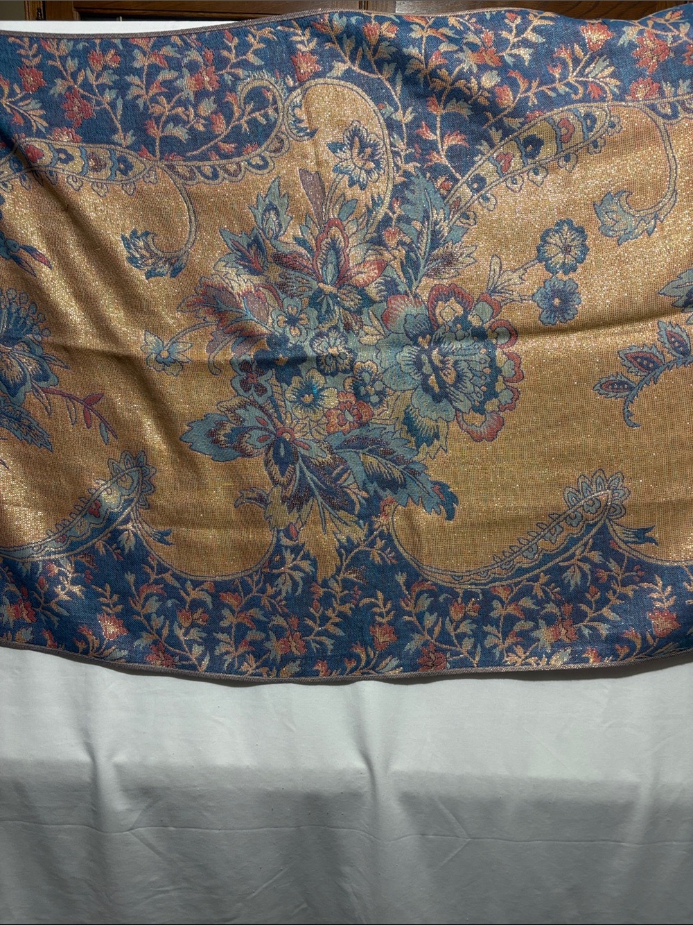 Source Unknown Gold and Blue Floral Paisley Wrap Scarf